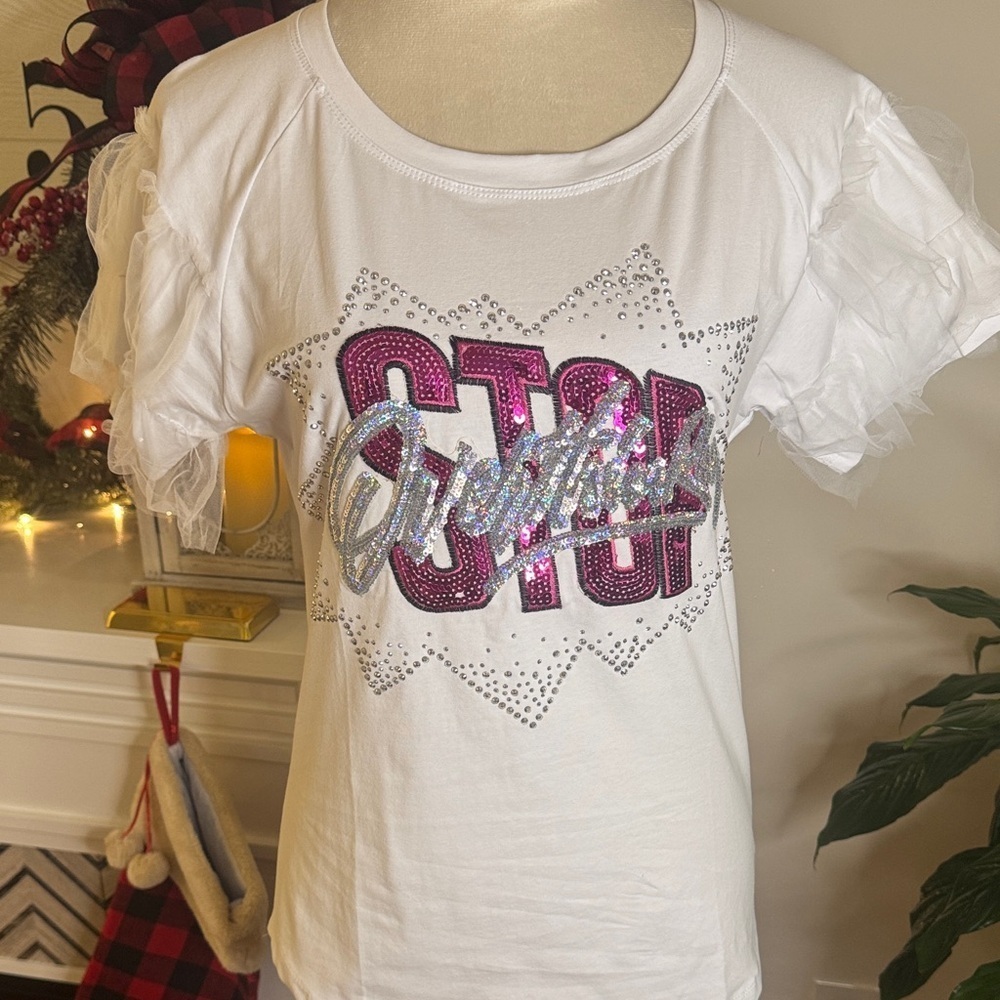 Chic White Tee with Pink and Silver Details